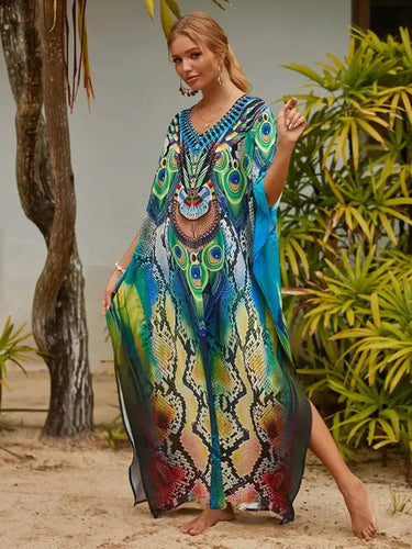 Chic Women's Long Caftan Print Cover-Up - Boho Beach Maxi Dress & Bathing Suit Abaya Outfits - Estalios
